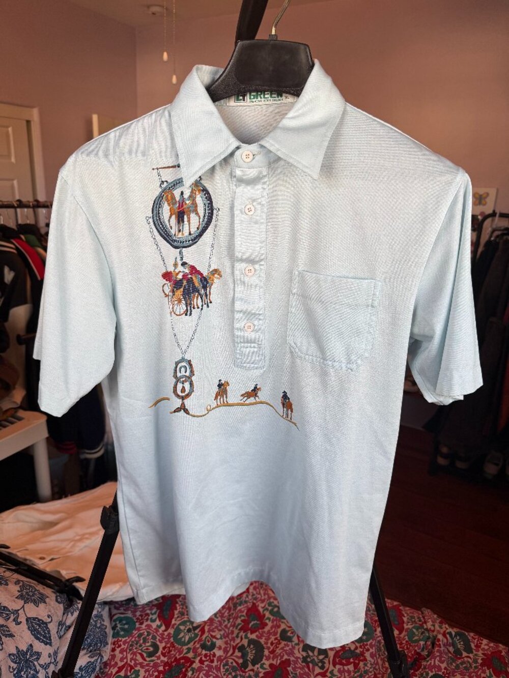 Vtg Green Creative Mens Fashion Light Blue Polo w/ Equestrian Embroidery XL